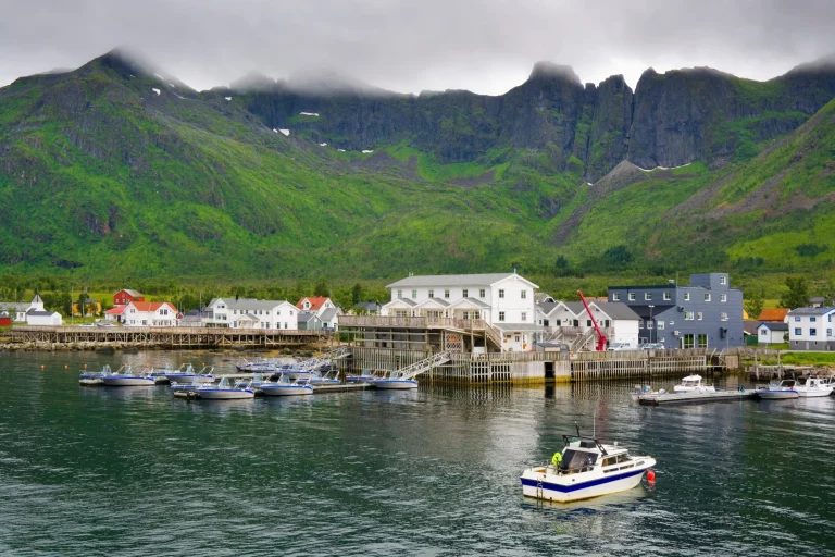 Blick auf das Fischerdorf Mefjordvaer im Mefjorden, Senja, Norwegen
